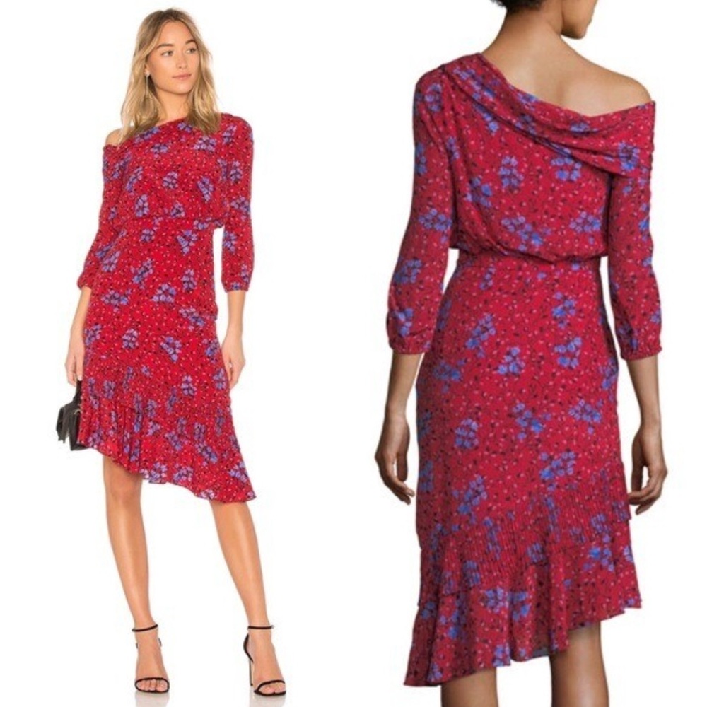 SALONI Lexie Asymmetrical Pleated Silk Dress Scarlet Posey